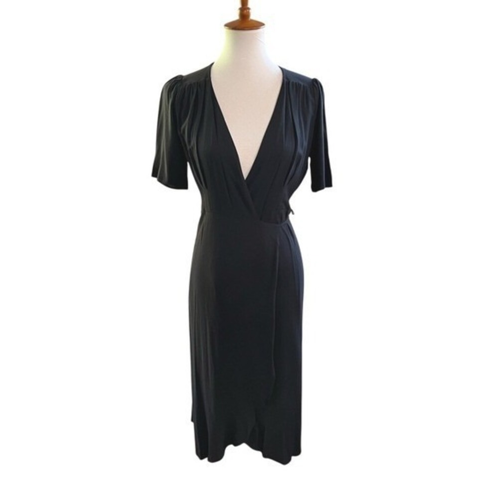 Everly Black Wrap Midi Dress Deep V-Neck Flutter Sleeve Ruffle Small - Picture 3 of 9